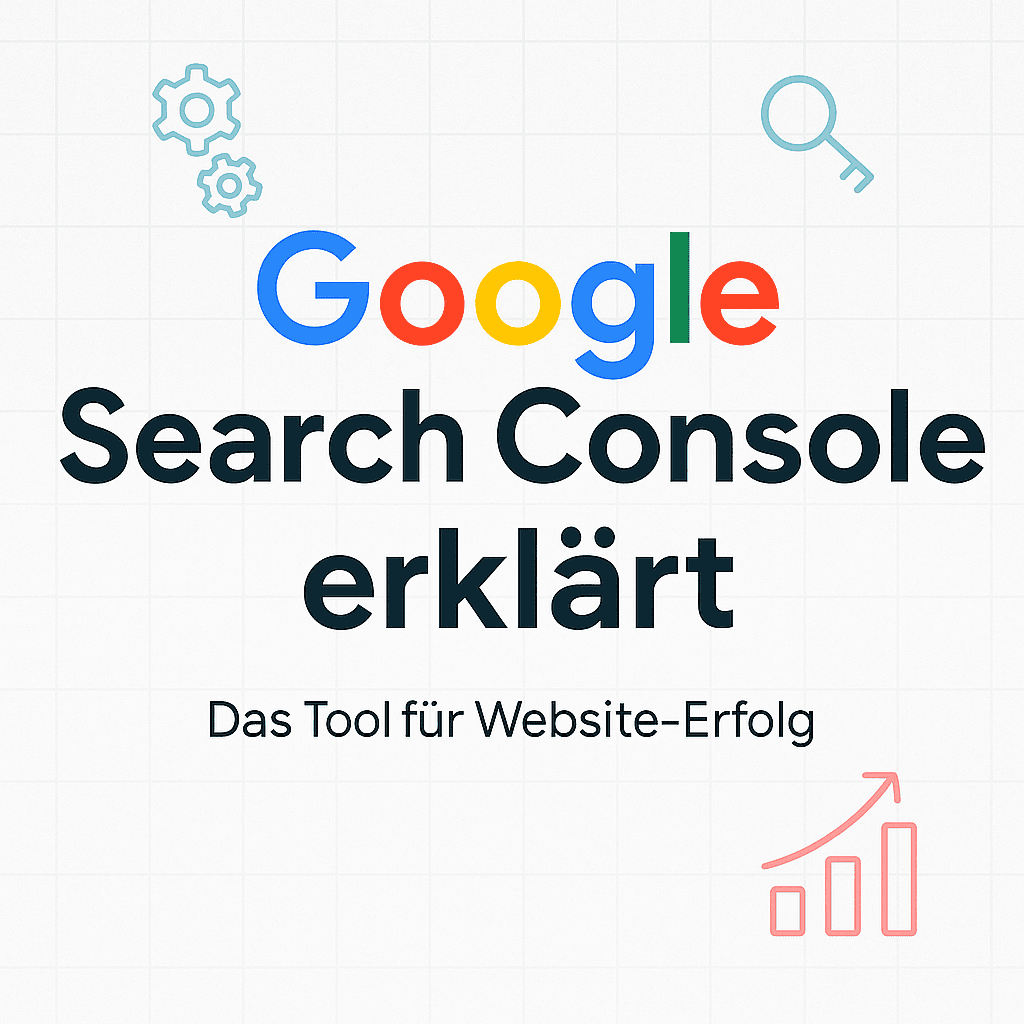 Thumbnail mit hellem Hintergrund und dem Titel ‚Google Search Console erklärt‘ in Google-Farben, ergänzt durch SEO-Symbole wie Zahnräder, Schlüssel und Diagramm, sowie dem Untertitel ‚Das Tool für Website-Erfolg‘