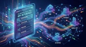 Illustration of a conceptual API interface with interconnected software applications, abstract lines, and a digital menu card.