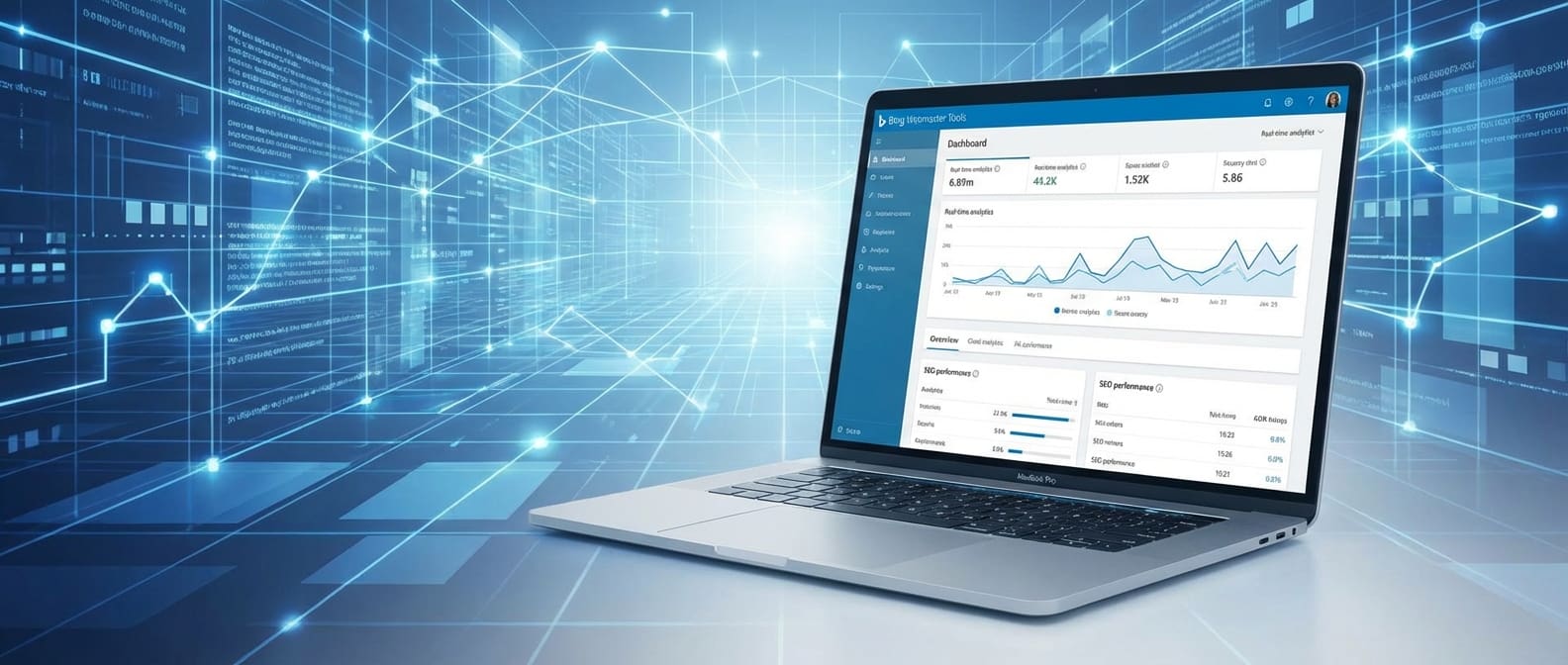 Professional header image showing a laptop with Bing Webmaster Tools analytics, symbolizing SEO and digital connectivity.