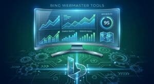Illustration of Bing Webmaster Tools featuring a computer screen with analytical graphs and SEO metrics, representing digital optimization.