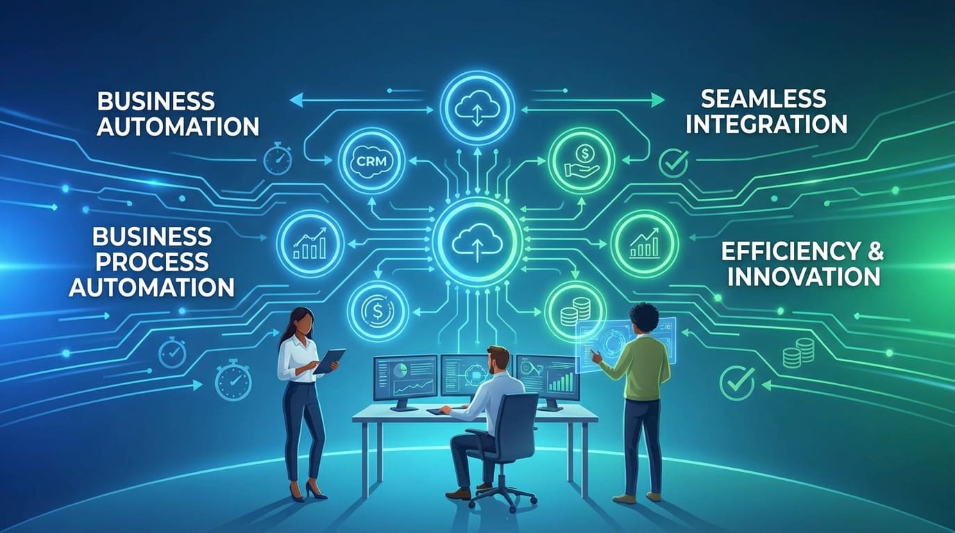 Professional image of business process automation with digital platforms and data integration, symbolizing efficiency and innovation.