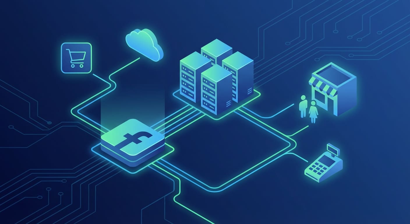 Digital illustration of servers communicating with a platform symbol, representing Conversions API with online and offline interactions.