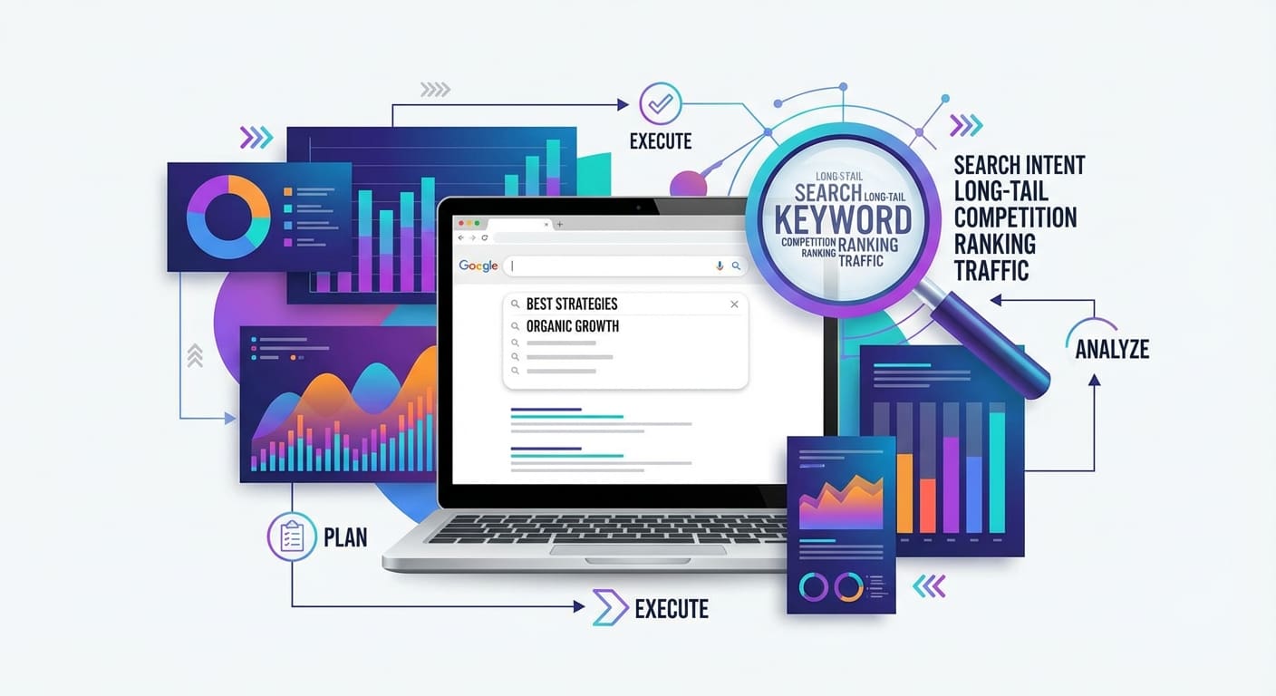 Digital collage illustrating keyword research with a laptop and search engine graphics, magnifying glass over keywords, and analytics charts.
