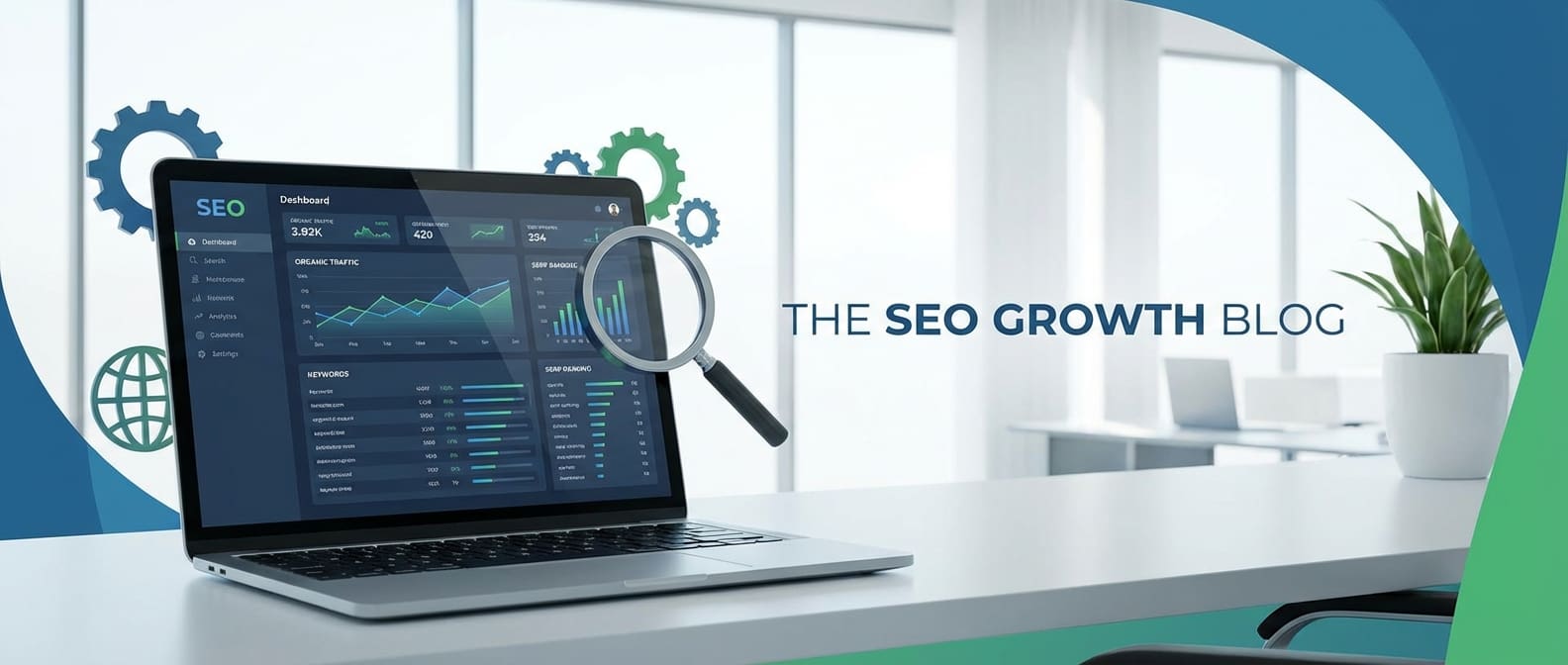 Modern workspace showcasing SEO optimization tools on a laptop, with digital marketing symbols like a magnifying glass and gears, representing a blog about enhancing search engine visibility.