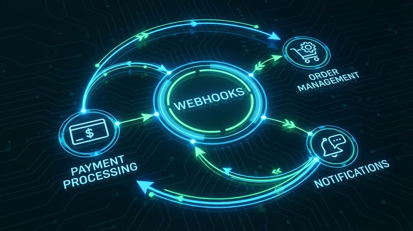 Modern header image depicting webhooks in web applications, showcasing interconnected services and real-time data exchange with abstract icons and dynamic lines.