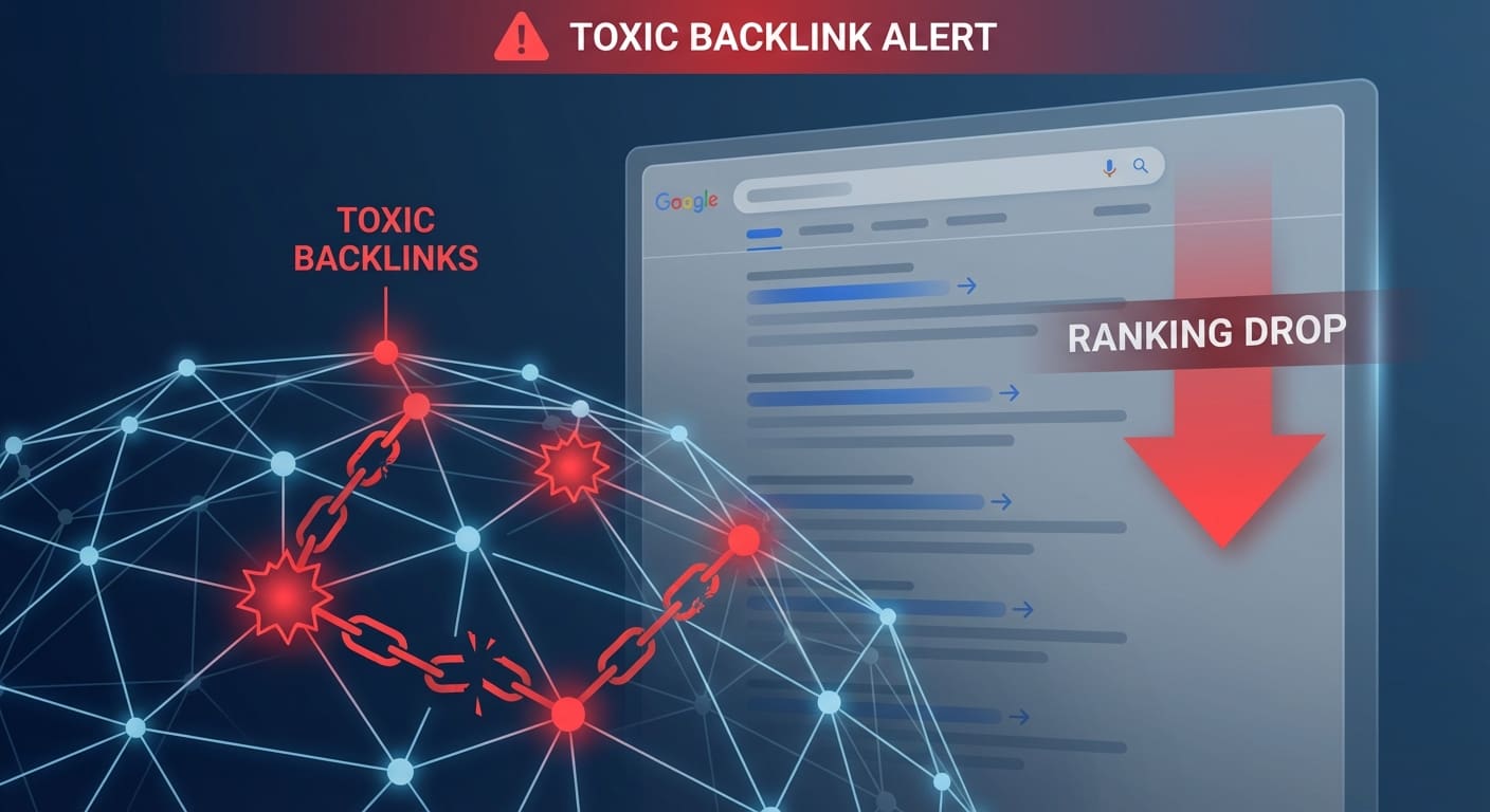 Illustration of a digital network with toxic backlinks affecting SEO rankings.