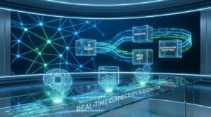 Illustration of webhooks connecting digital systems, featuring AI, websites, and automation elements.